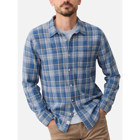 NEW MARINE LAYER stretch selvage long sleeve shirt top in indigo plaid